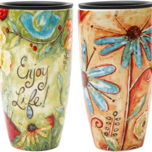 CEDAR HOME Travel Coffee Ceramic Mug Porcelain Latte Tea Cup With Lid in Box 17oz., Flower Enjoy Life, 2 Pack